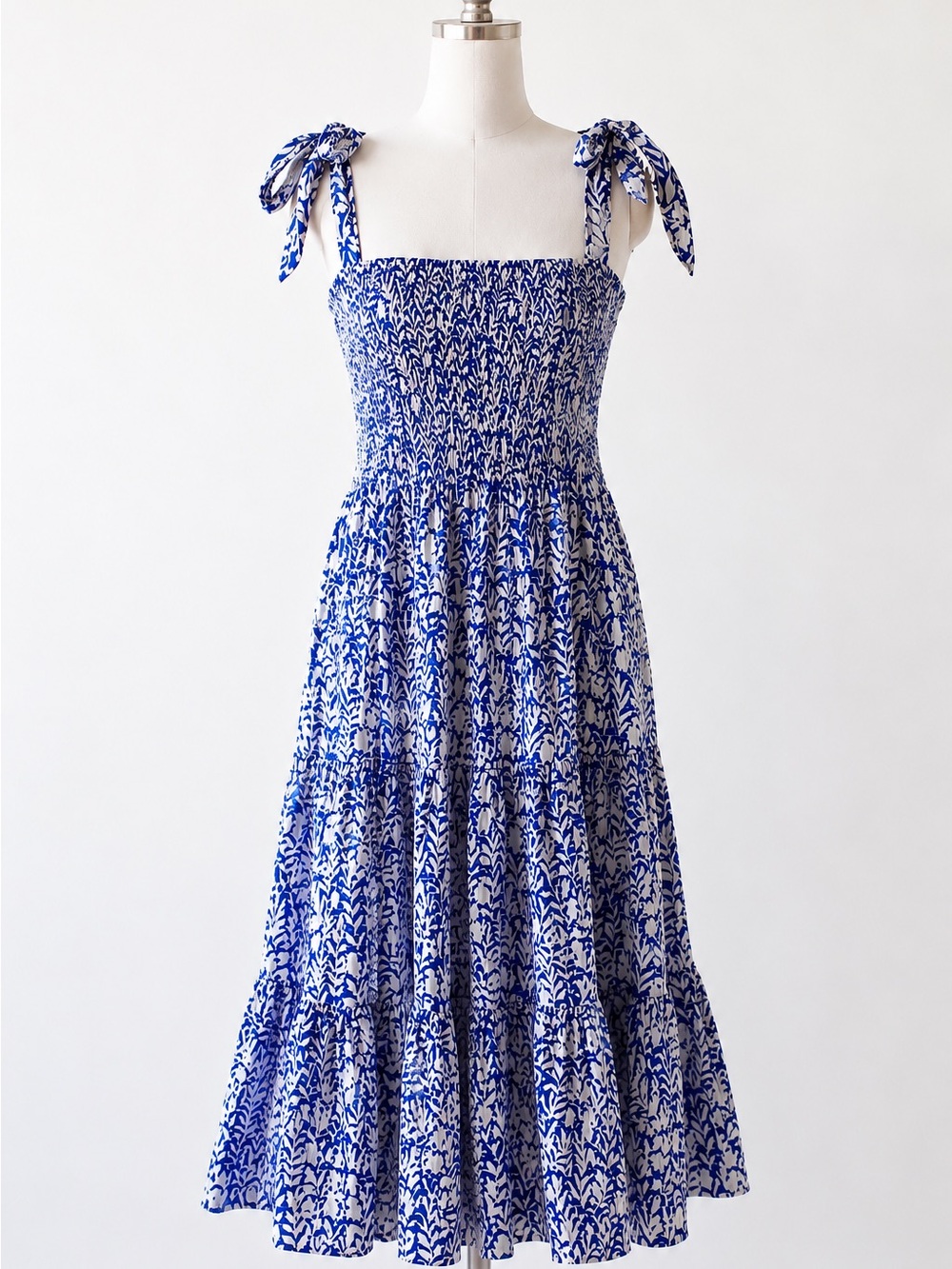 Sail to Sable Blue Vines smocked, tiered, tie strap maxi dress. Cruise, resort.